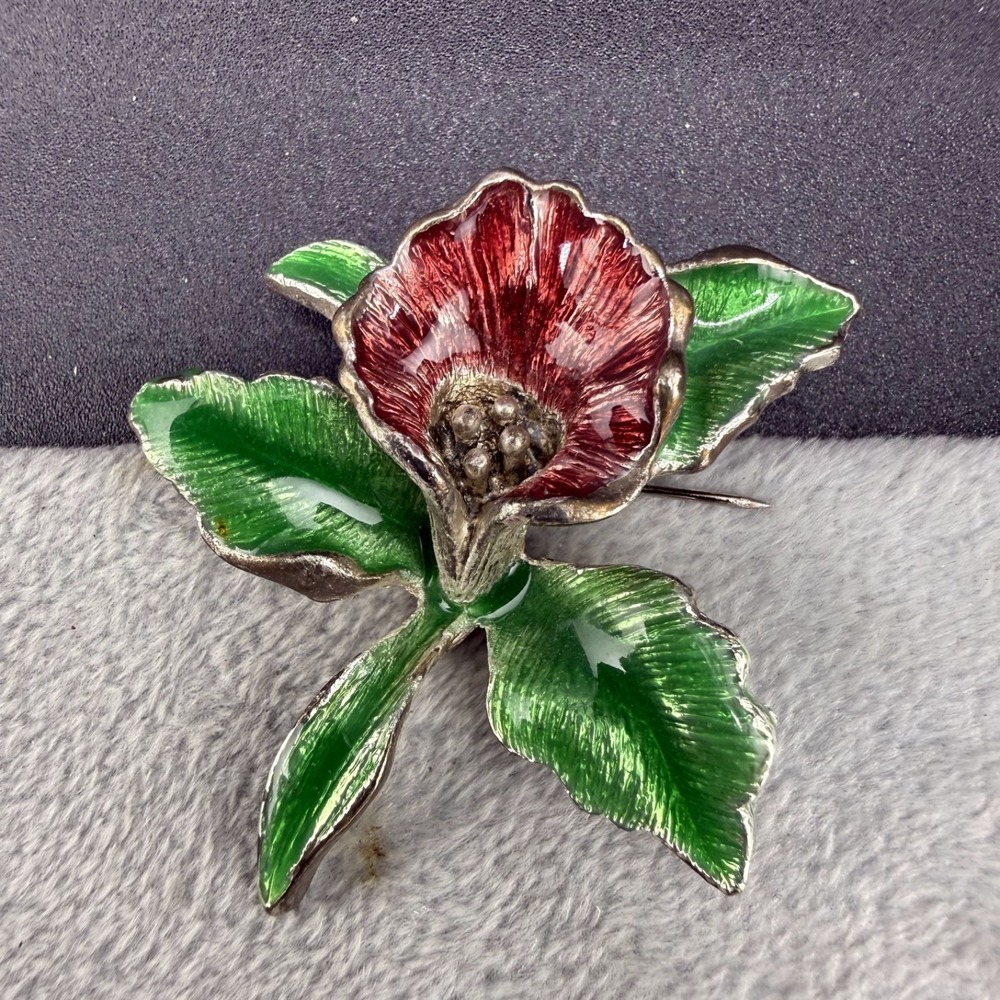Vintage Estate Flower Brooch Red Green Enamel Floral Silver Tone Pin